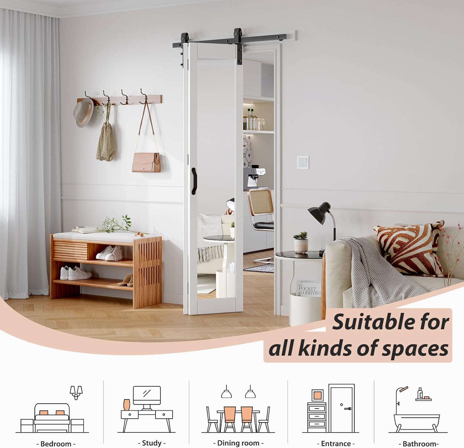 36x84 White Bifold Barn Door with Mirror Lites - Preassembled Double Closet Doors Kit for Living Room, Bathroom, Kitchen - PVC Material, 40" Track Included