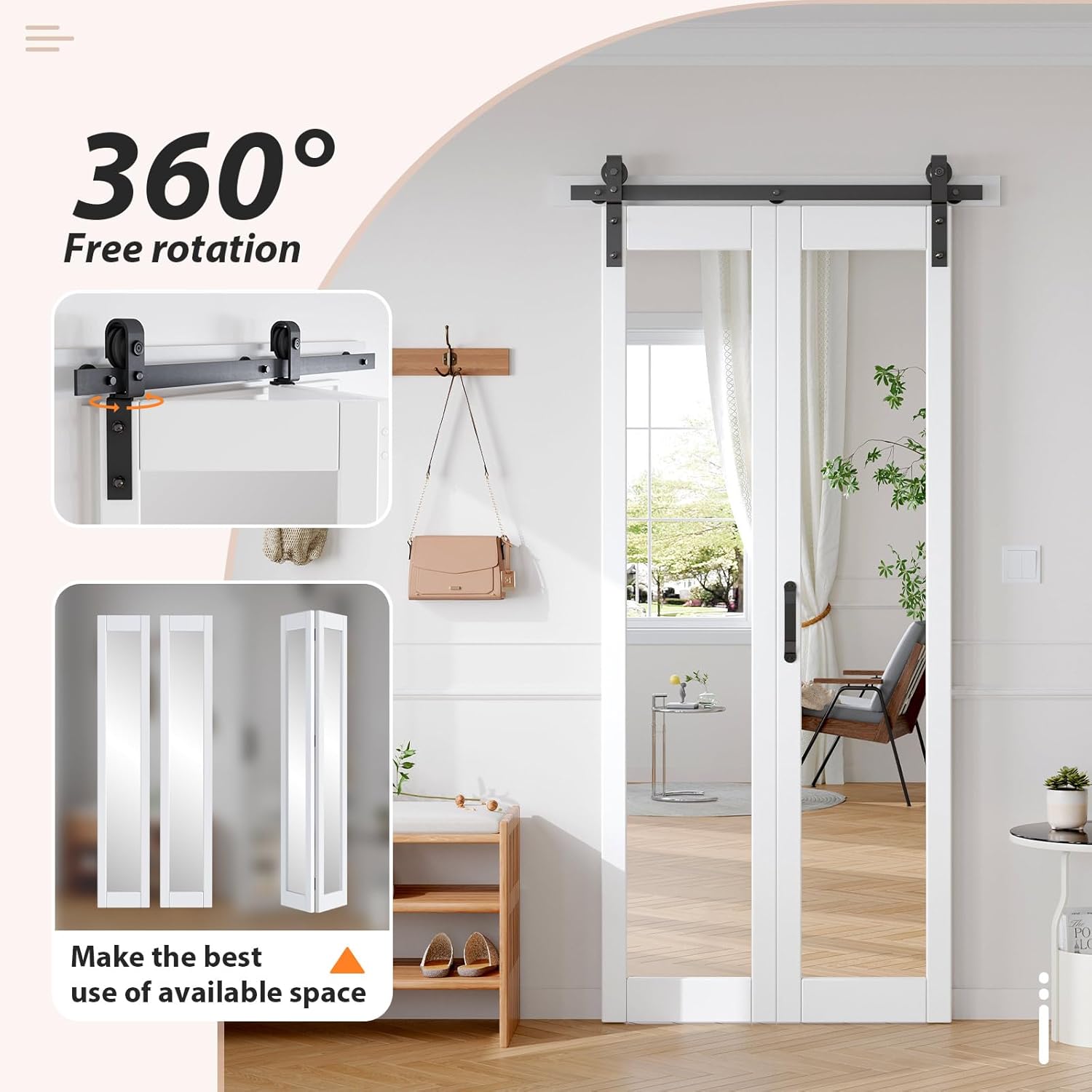 36x84 White Bifold Barn Door with Mirror Lites - Preassembled Double Closet Doors Kit for Living Room, Bathroom, Kitchen - PVC Material, 40" Track Included