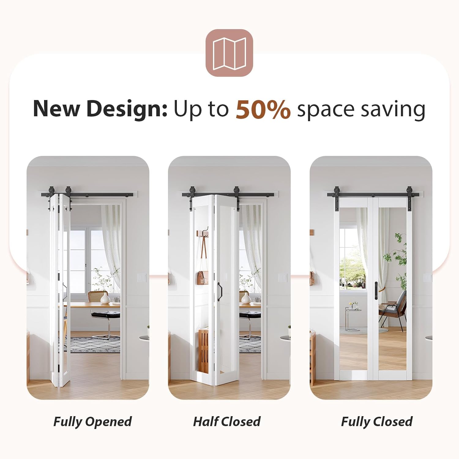 36x84 White Bifold Barn Door with Mirror Lites - Preassembled Double Closet Doors Kit for Living Room, Bathroom, Kitchen - PVC Material, 40" Track Included