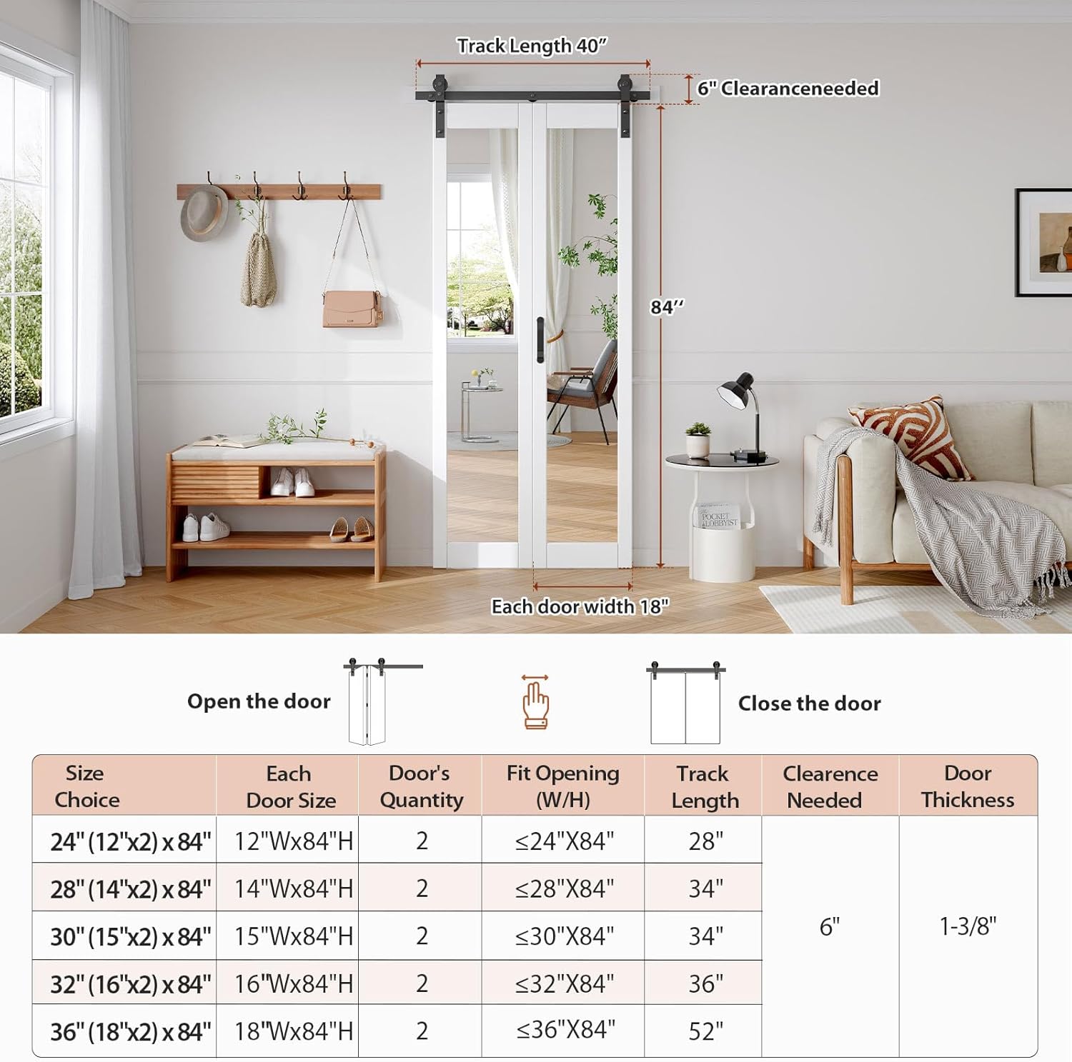 36x84 White Bifold Barn Door with Mirror Lites - Preassembled Double Closet Doors Kit for Living Room, Bathroom, Kitchen - PVC Material, 40" Track Included