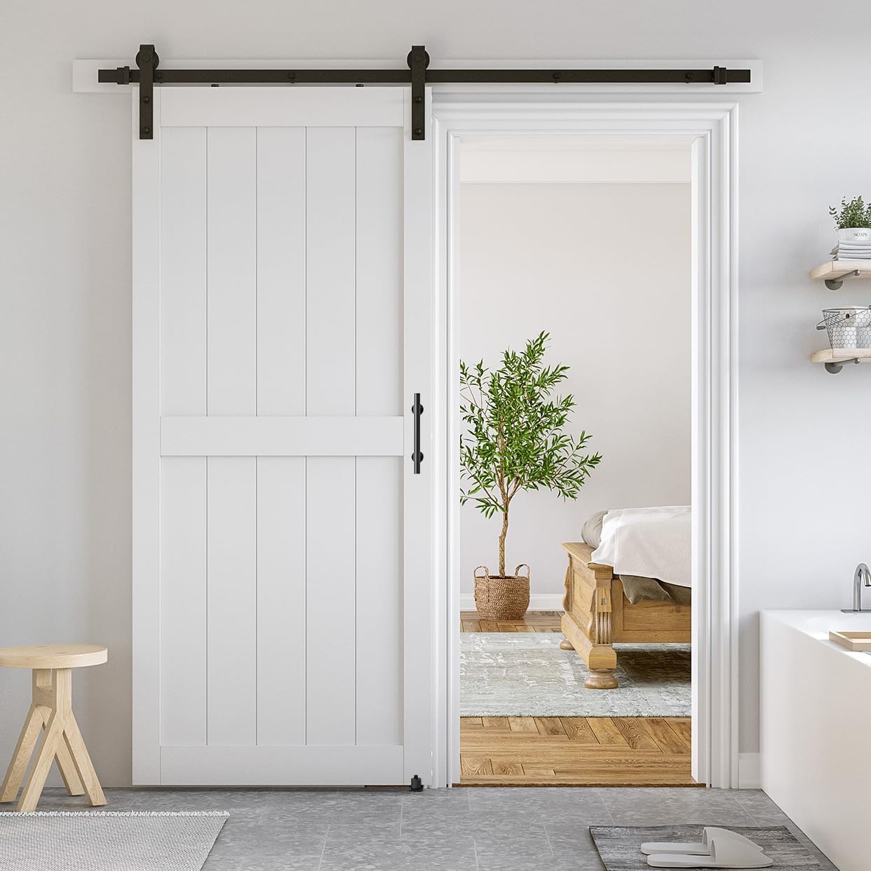 36x84 White Sliding MDF Barn Door with Black Hardware Kit - Pre-Drilled, Waterproof PVC Coating - H-Frame, 6.6FT Handle