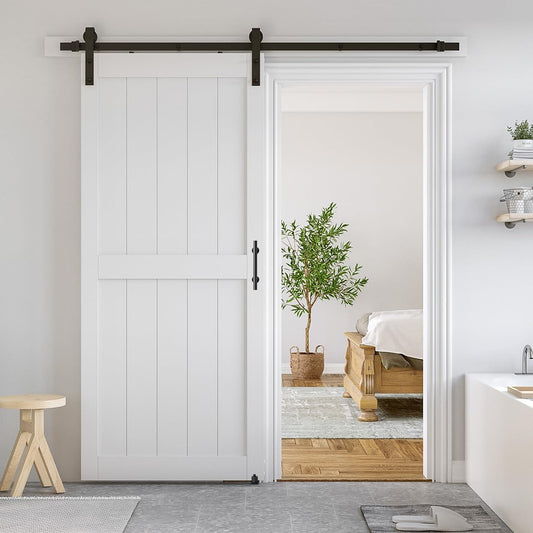 36x84 White Sliding MDF Barn Door with Black Hardware Kit - Pre-Drilled, Waterproof PVC Coating - H-Frame, 6.6FT Handle