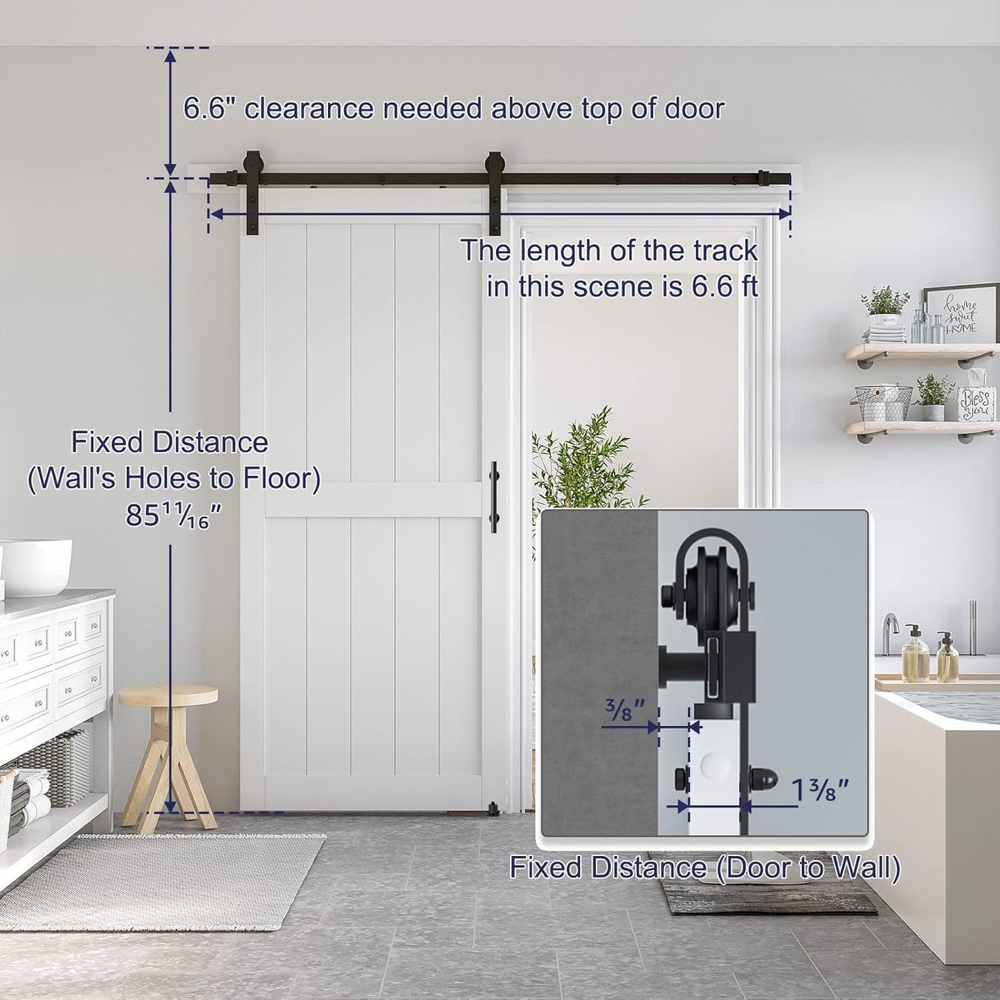 36x84 White Sliding MDF Barn Door with Black Hardware Kit - Pre-Drilled, Waterproof PVC Coating - H-Frame, 6.6FT Handle
