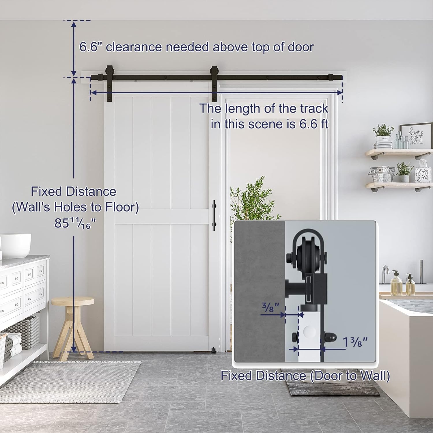36x84 White Sliding MDF Barn Door with Black Hardware Kit - Pre-Drilled, Waterproof PVC Coating - H-Frame, 6.6FT Handle
