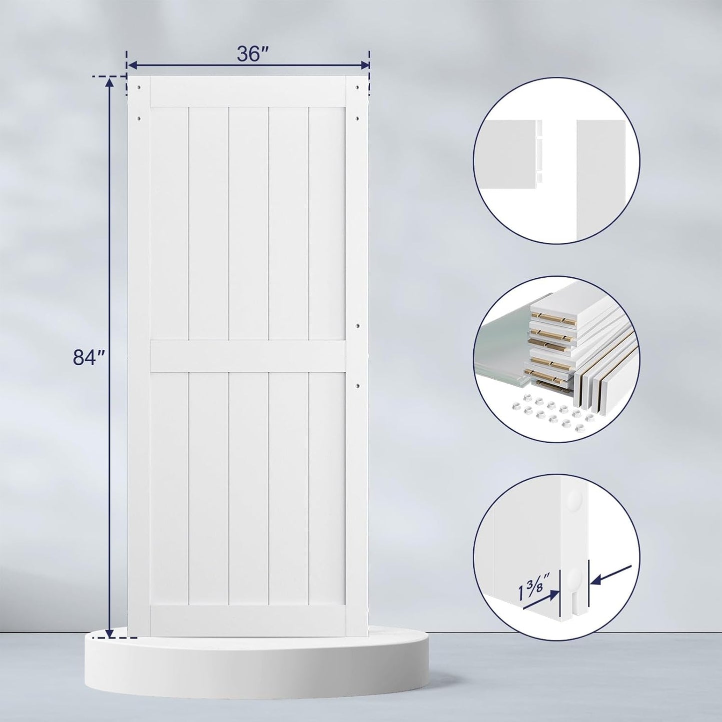 36x84 White Sliding MDF Barn Door with Black Hardware Kit - Pre-Drilled, Waterproof PVC Coating - H-Frame, 6.6FT Handle