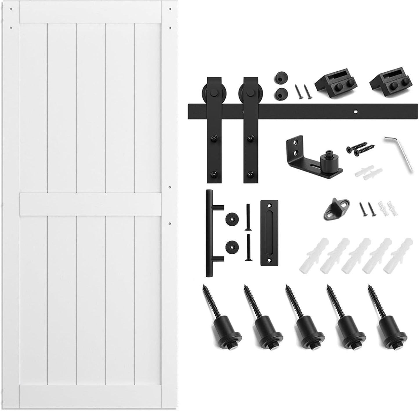 36x84 White Sliding MDF Barn Door with Black Hardware Kit - Pre-Drilled, Waterproof PVC Coating - H-Frame, 6.6FT Handle