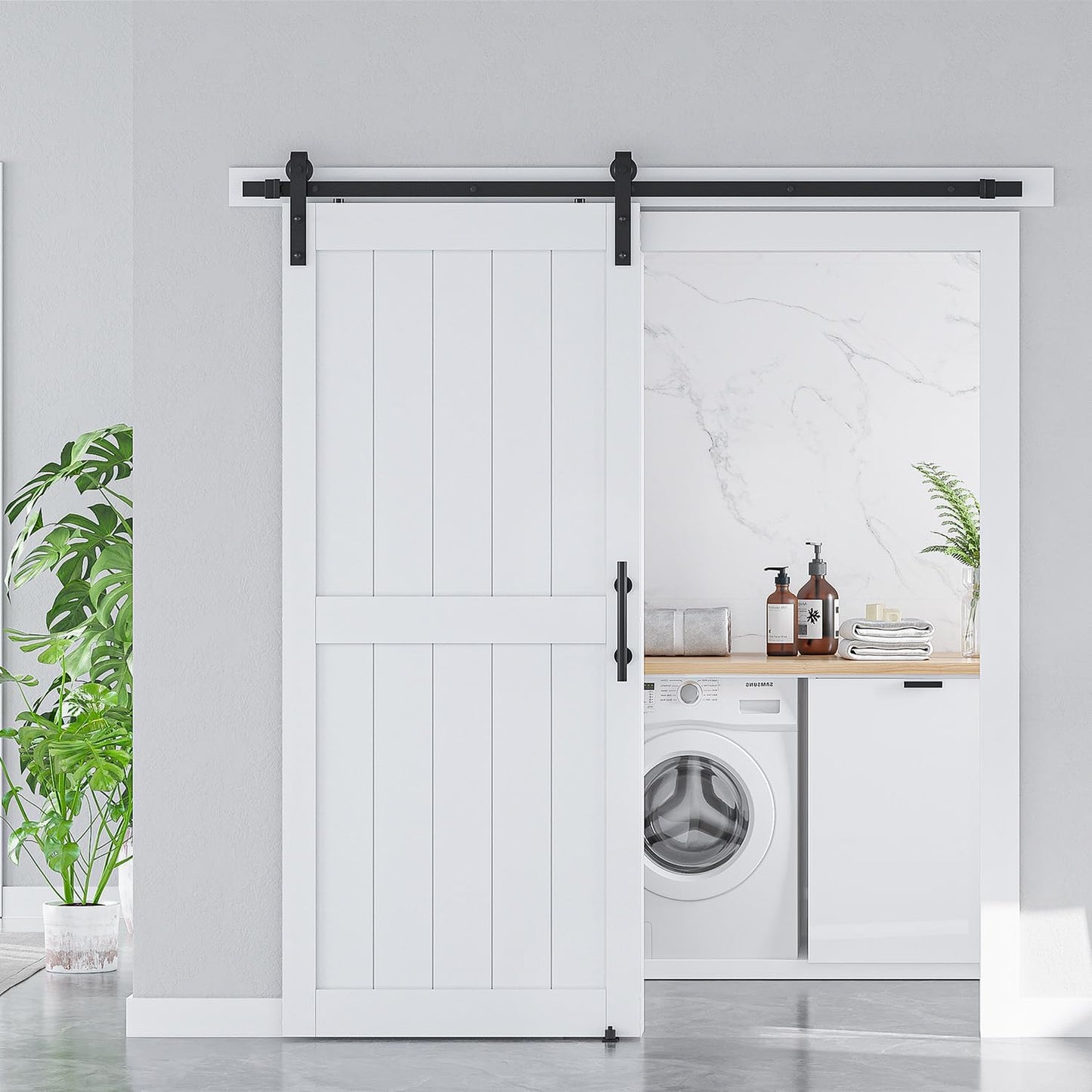 36x84 White Sliding MDF Barn Door with Black Hardware Kit - Pre-Drilled, Waterproof PVC Coating - H-Frame, 6.6FT Handle