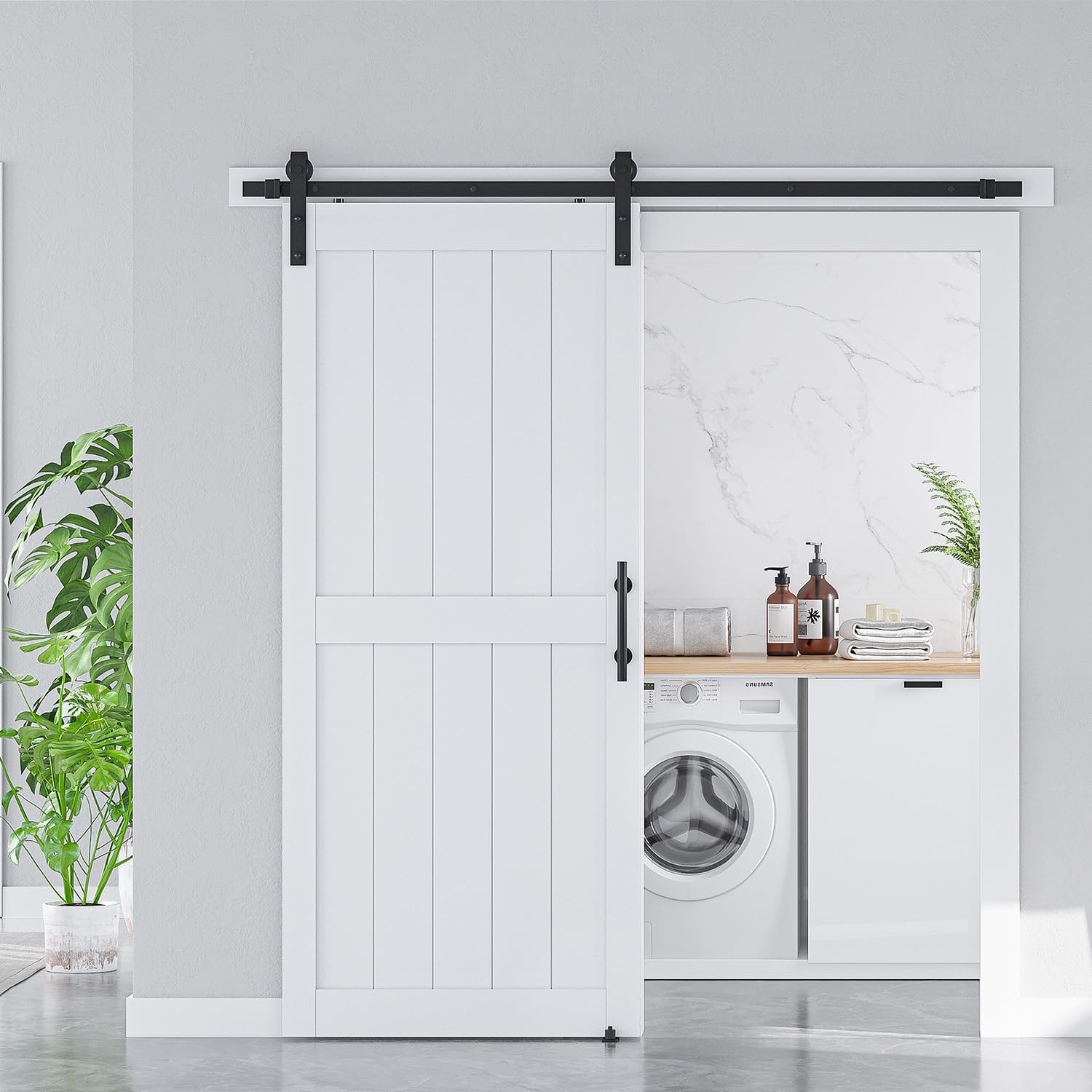 36x84 White Sliding MDF Barn Door with Black Hardware Kit - Pre-Drilled, Waterproof PVC Coating - H-Frame, 6.6FT Handle