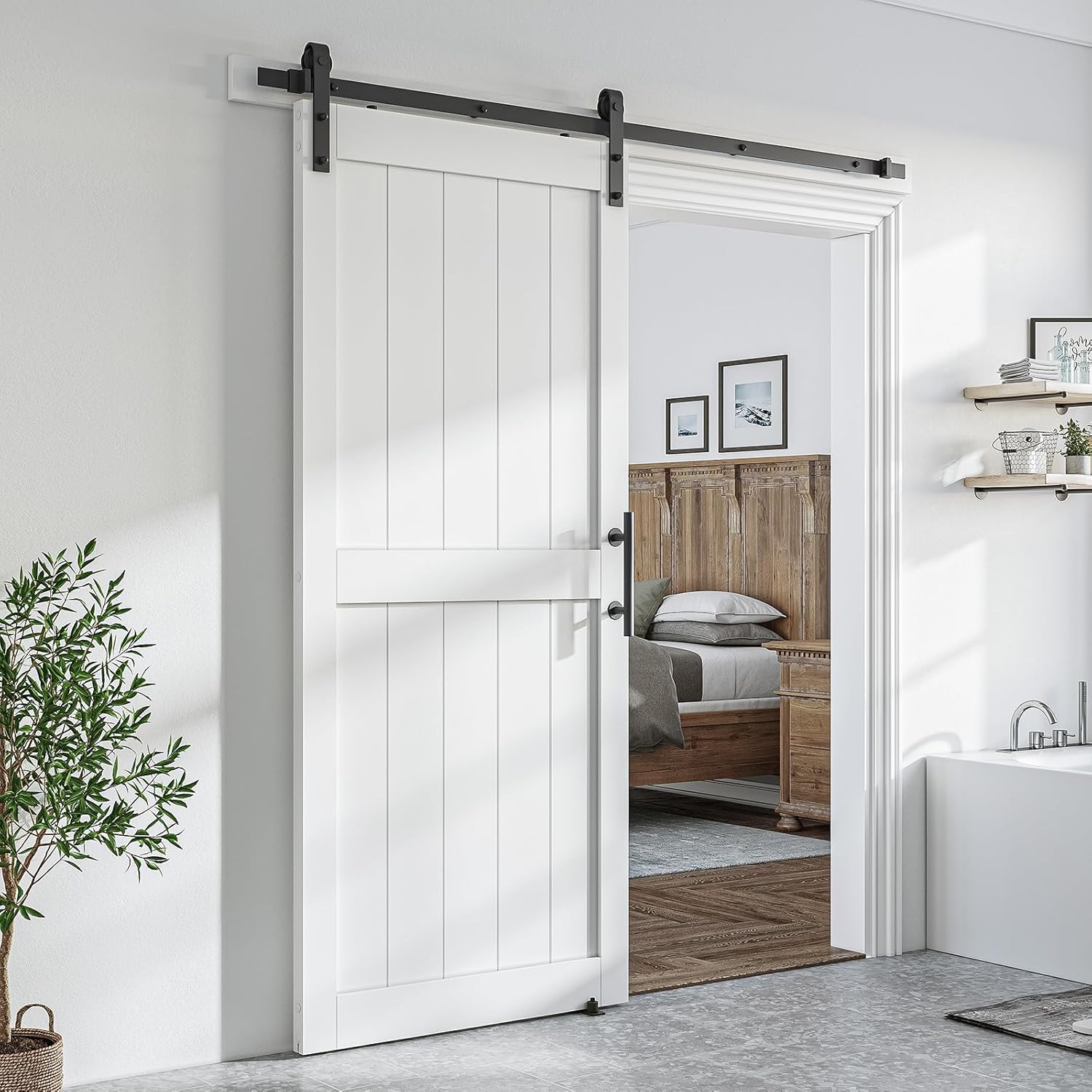 36x84 White Sliding MDF Barn Door with Black Hardware Kit - Pre-Drilled, Waterproof PVC Coating - H-Frame, 6.6FT Handle