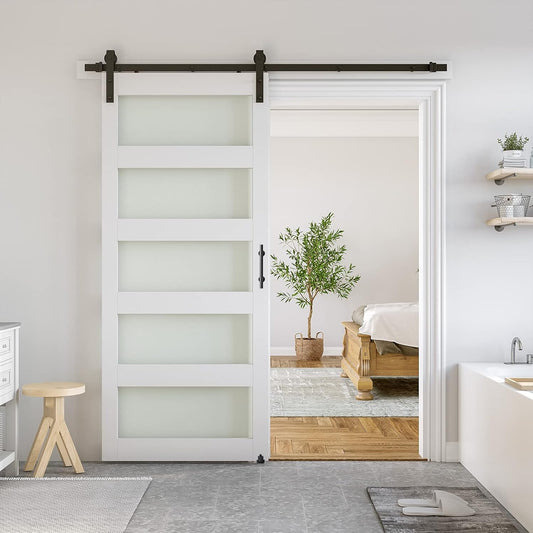 36x96 Glass Barn Door Kit with Sliding Hardware & Handle, Pre-Drilled, Waterproof White PVC, 5-Panel Glass - Ready to Assemble