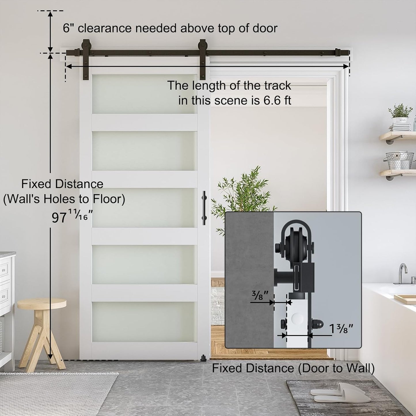 36x96 Glass Barn Door Kit with Sliding Hardware & Handle, Pre-Drilled, Waterproof White PVC, 5-Panel Glass - Ready to Assemble