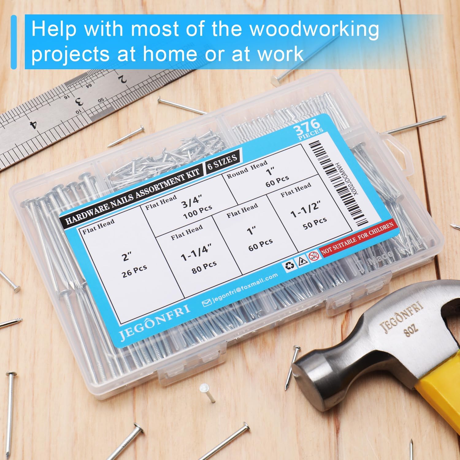 376pcs Galvanized Hardware Nails Assortment Kit with Storage Box - 2" Picture Hanging, Wood, Wall Nails - Premium Quality, 6 Sizes - WildKart