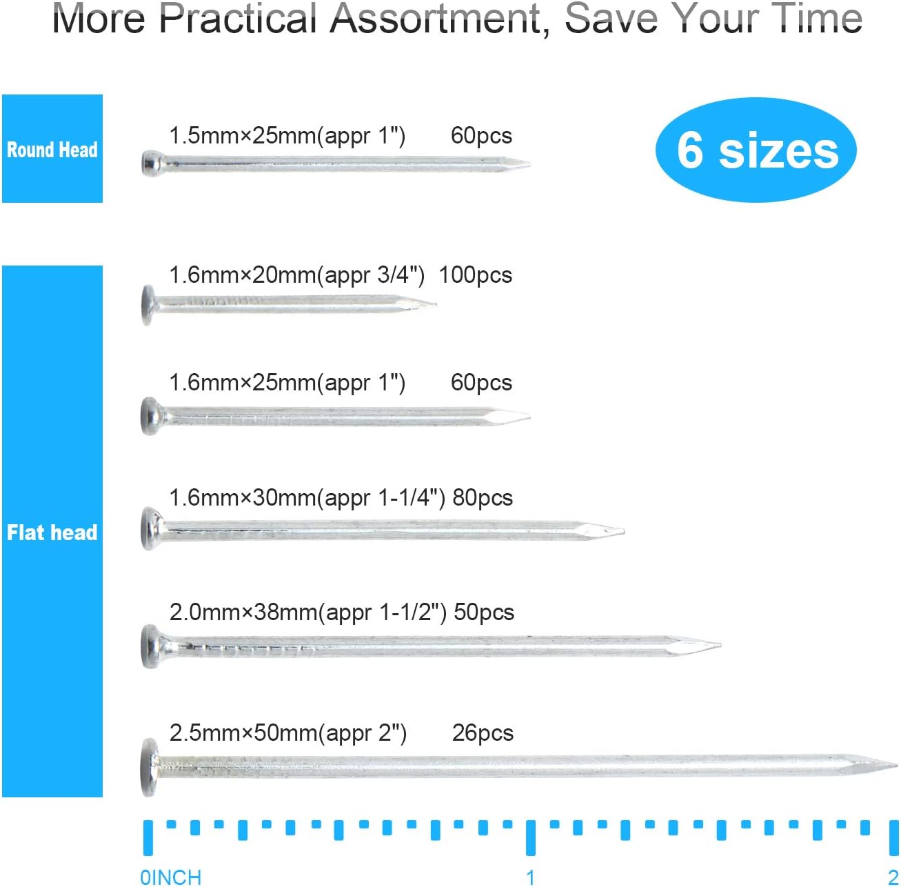 376pcs Galvanized Hardware Nails Assortment Kit with Storage Box - 2" Picture Hanging, Wood, Wall Nails - Premium Quality, 6 Sizes - WildKart