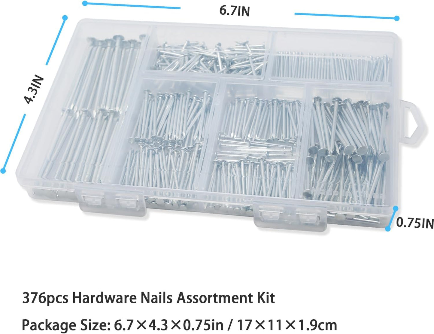 376pcs Galvanized Hardware Nails Assortment Kit with Storage Box - 2" Picture Hanging, Wood, Wall Nails - Premium Quality, 6 Sizes - WildKart