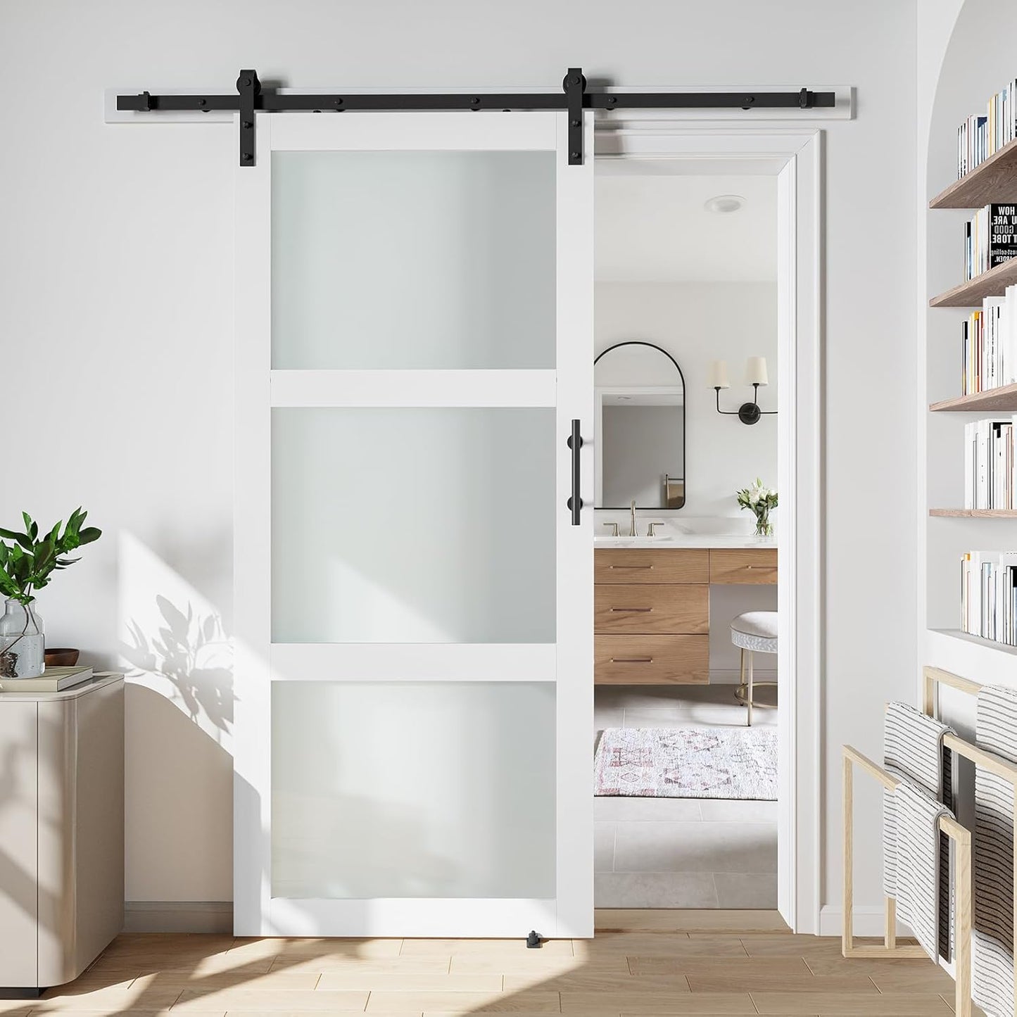 38" x 96" White Sliding Glass Barn Door with Hardware Kit - Waterproof PVC Surface, 3 Panels Frosted Glass - Assembly Required