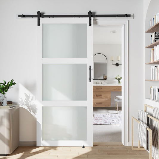 38" x 96" White Sliding Glass Barn Door with Hardware Kit - Waterproof PVC Surface, 3 Panels Frosted Glass - Assembly Required