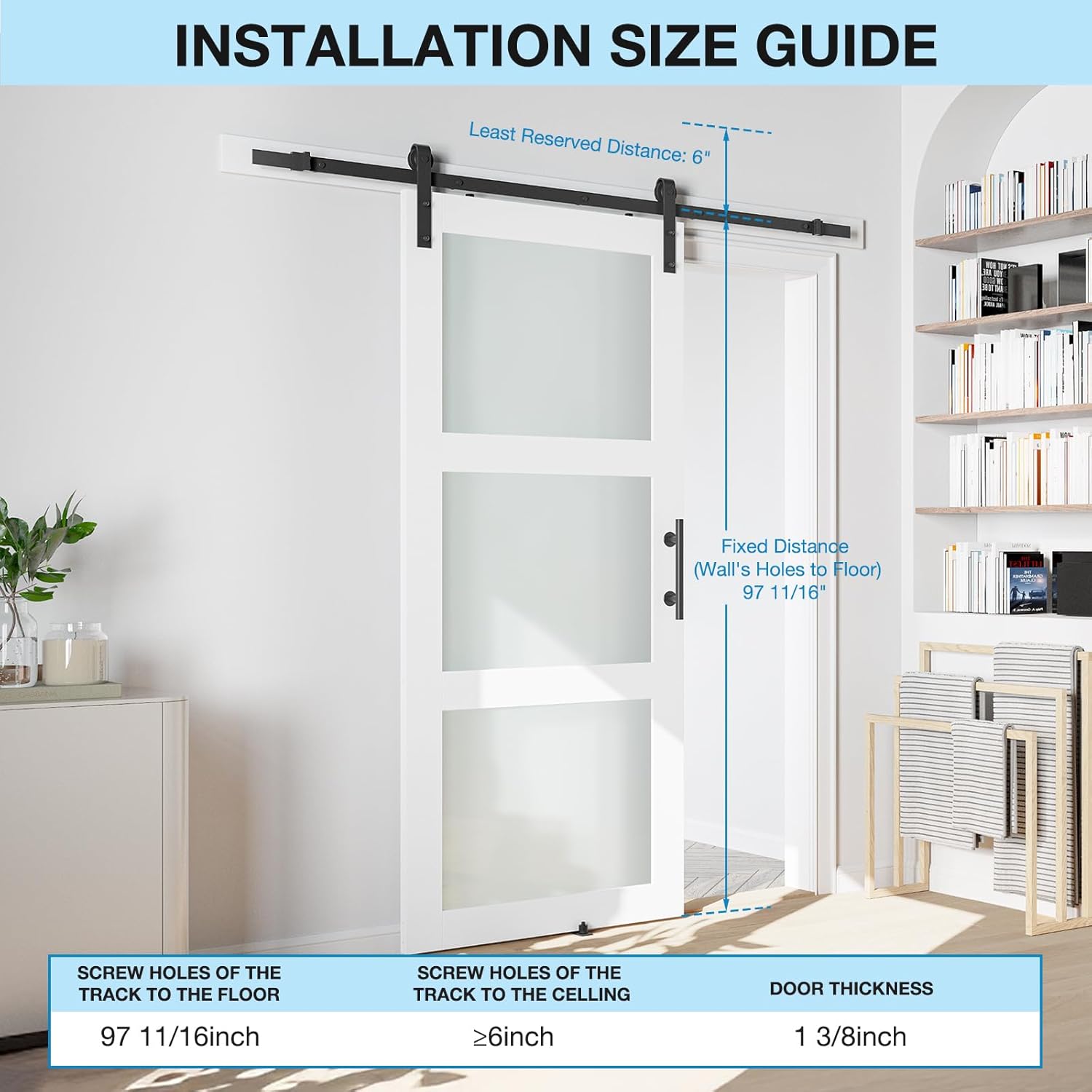 38" x 96" White Sliding Glass Barn Door with Hardware Kit - Waterproof PVC Surface, 3 Panels Frosted Glass - Assembly Required