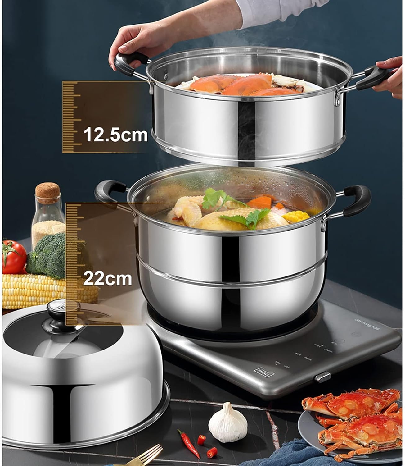 38cm Large Steamer Cookware/Soup Pot in Super Thick 430 Stainless Steel - Ideal for Steamed Fish, Buns, and Chicken Soup