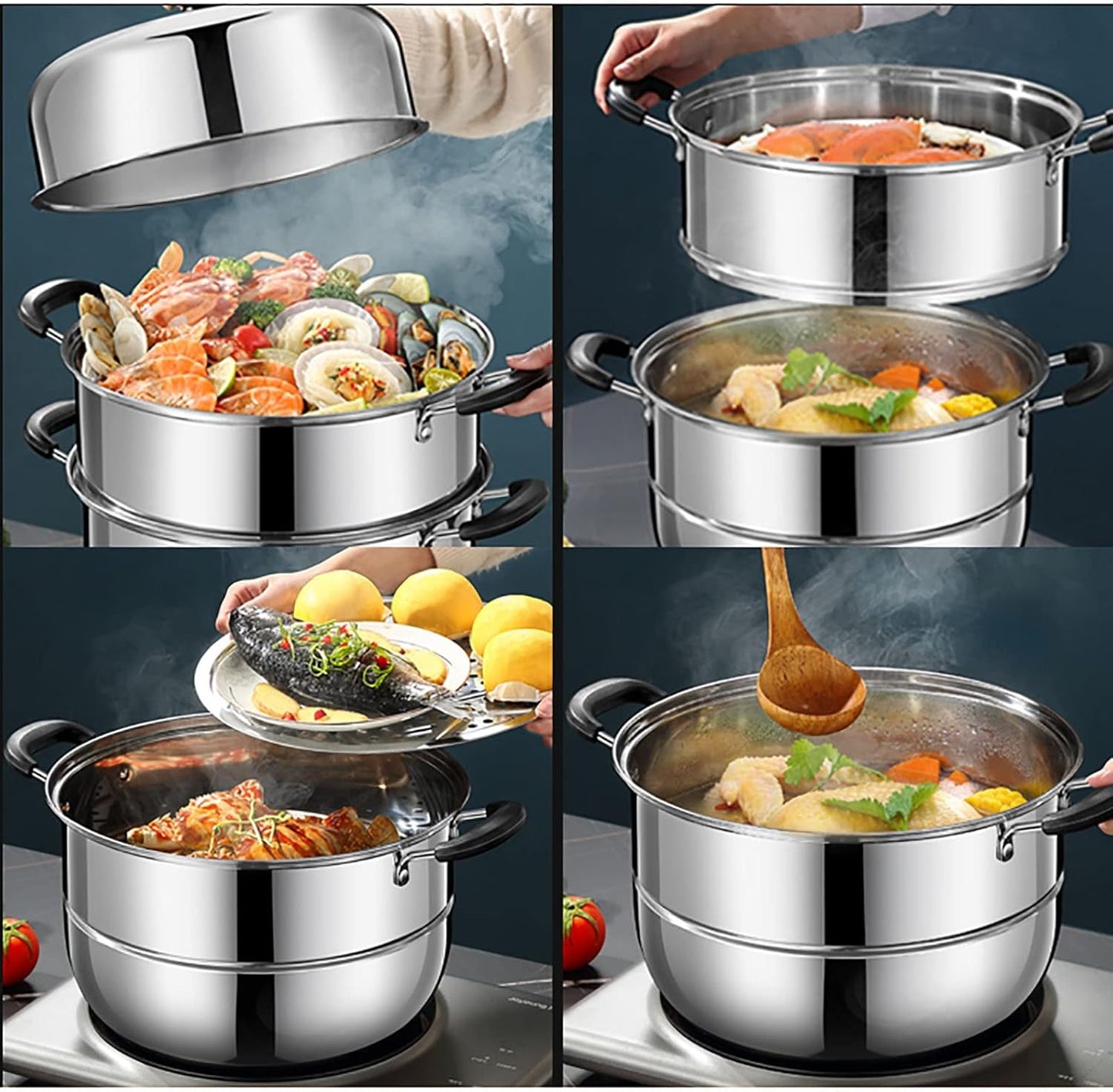38cm Large Steamer Cookware/Soup Pot in Super Thick 430 Stainless Steel - Ideal for Steamed Fish, Buns, and Chicken Soup