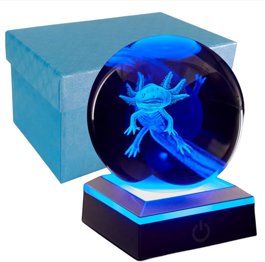 3D Axolotl Crystal Ball Night Light with LED Base - 3.15 Inch Glass Lamp for Boys Girls - Birthday Holiday Xmas Gift (Axolotl-B)
