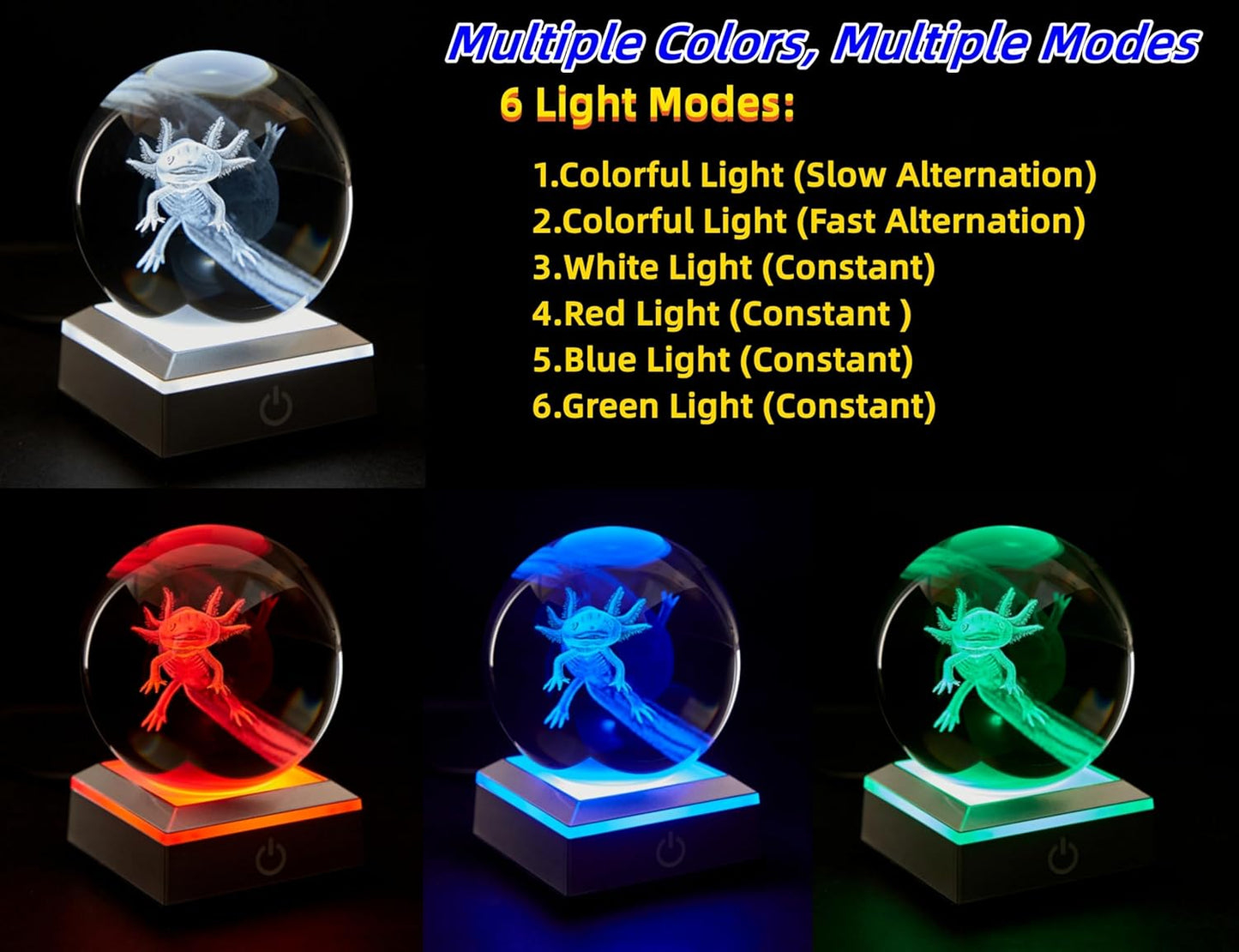 3D Axolotl Crystal Ball Night Light with LED Base - 3.15 Inch Glass Lamp for Boys Girls - Birthday Holiday Xmas Gift (Axolotl-B)
