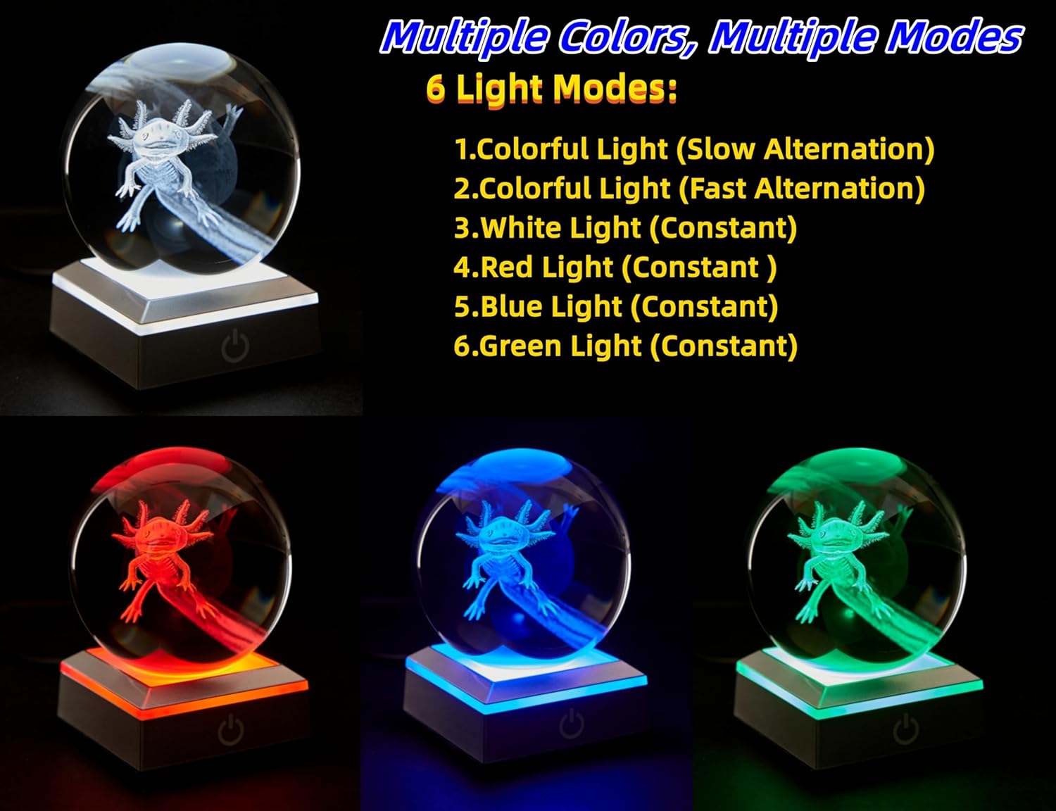 3D Axolotl Crystal Ball Night Light with LED Base - 3.15 Inch Glass Lamp for Boys Girls - Birthday Holiday Xmas Gift (Axolotl-B)