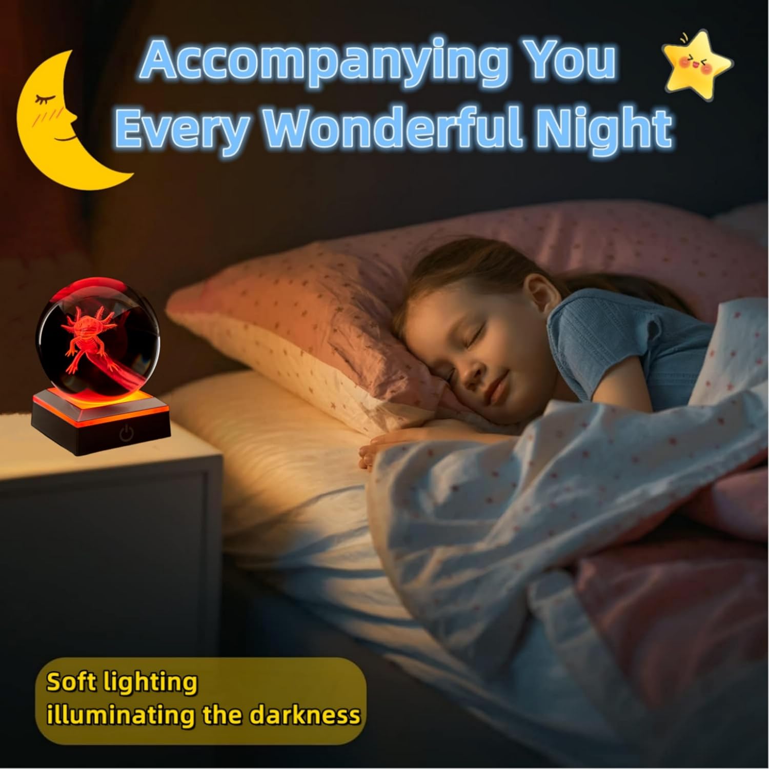 3D Axolotl Crystal Ball Night Light with LED Base - 3.15 Inch Glass Lamp for Boys Girls - Birthday Holiday Xmas Gift (Axolotl-B)
