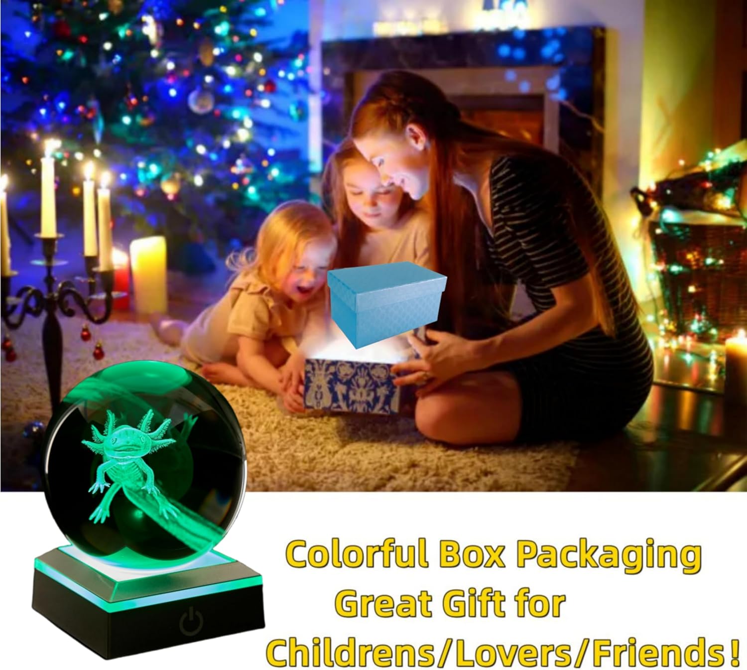 3D Axolotl Crystal Ball Night Light with LED Base - 3.15 Inch Glass Lamp for Boys Girls - Birthday Holiday Xmas Gift (Axolotl-B)