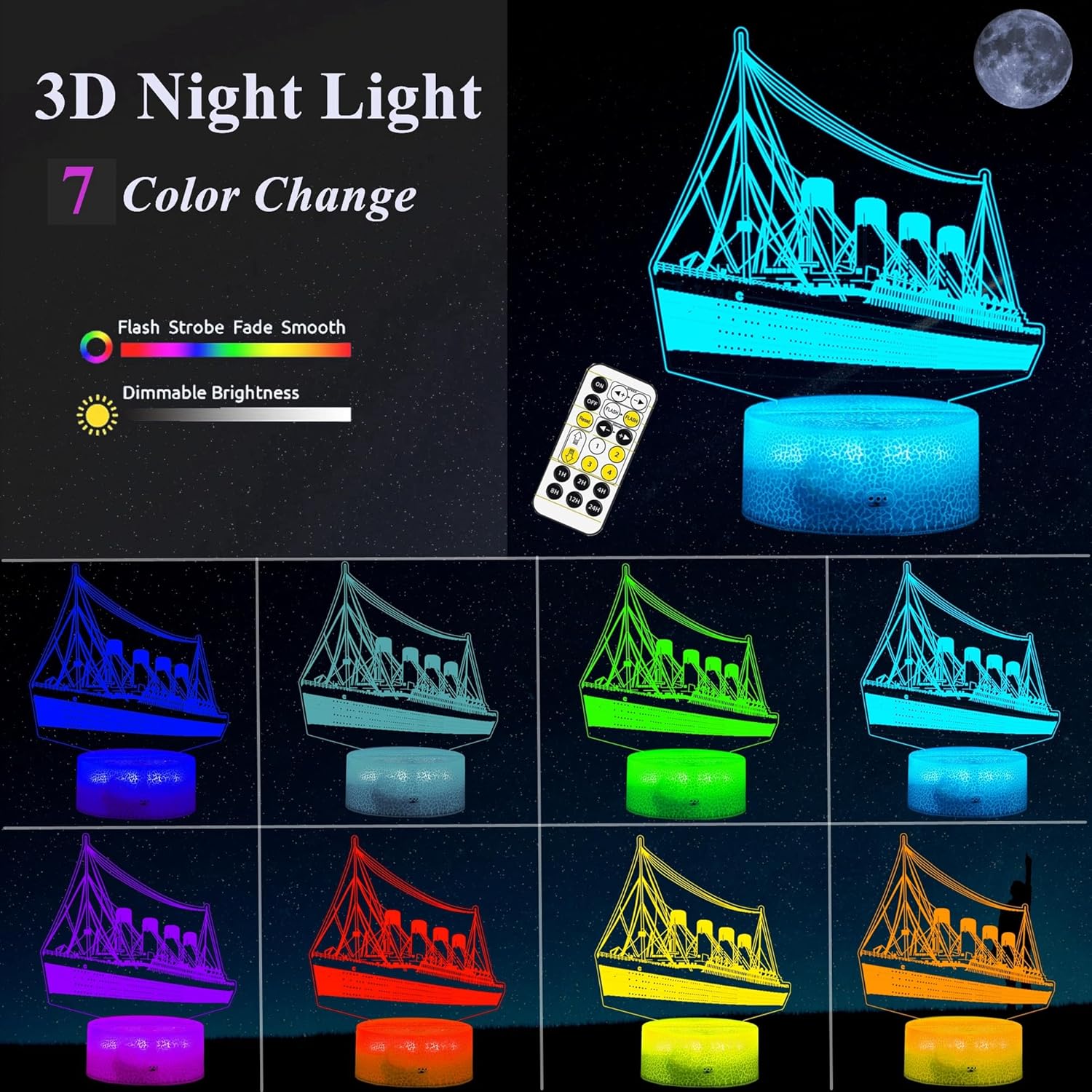 3D Cruise Ship Night Light for Kids with Remote Control - RGB Color Timer, Cruise Ship Toy Model Lamp