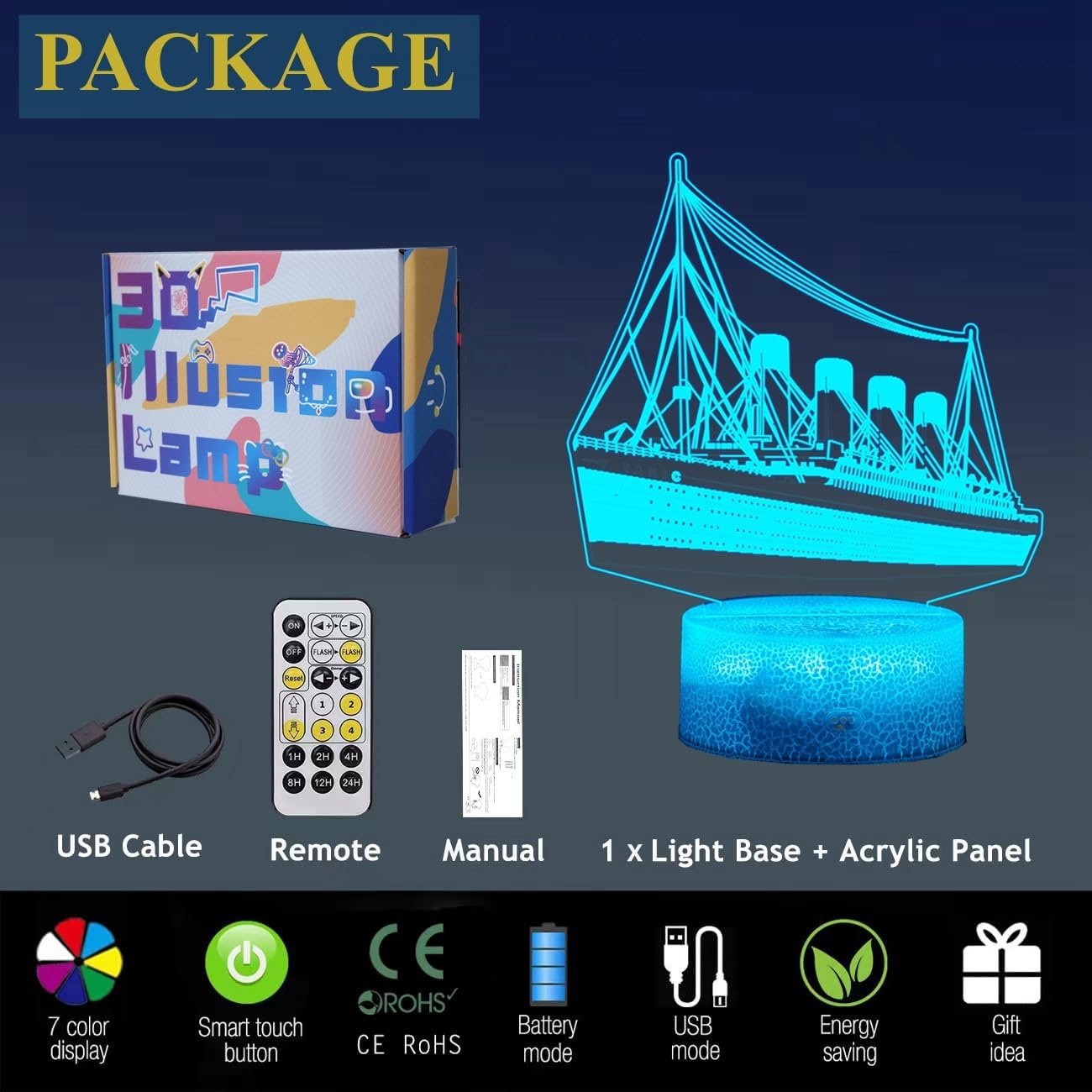 3D Cruise Ship Night Light for Kids with Remote Control - RGB Color Timer, Cruise Ship Toy Model Lamp