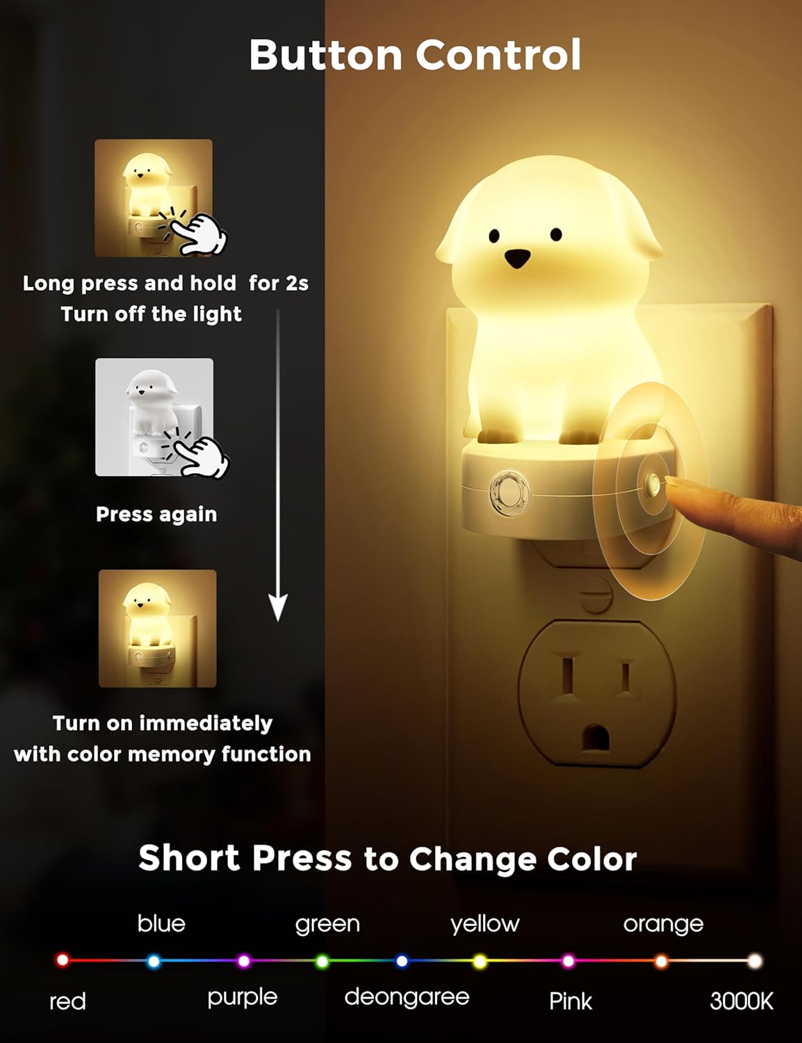 3D Cute Puppy Plug in Night Light with Dusk to Dawn Sensor - RGB+Soft White 3000K Dog Night Light - Christmas Birthday Gift Nightlight for Kids