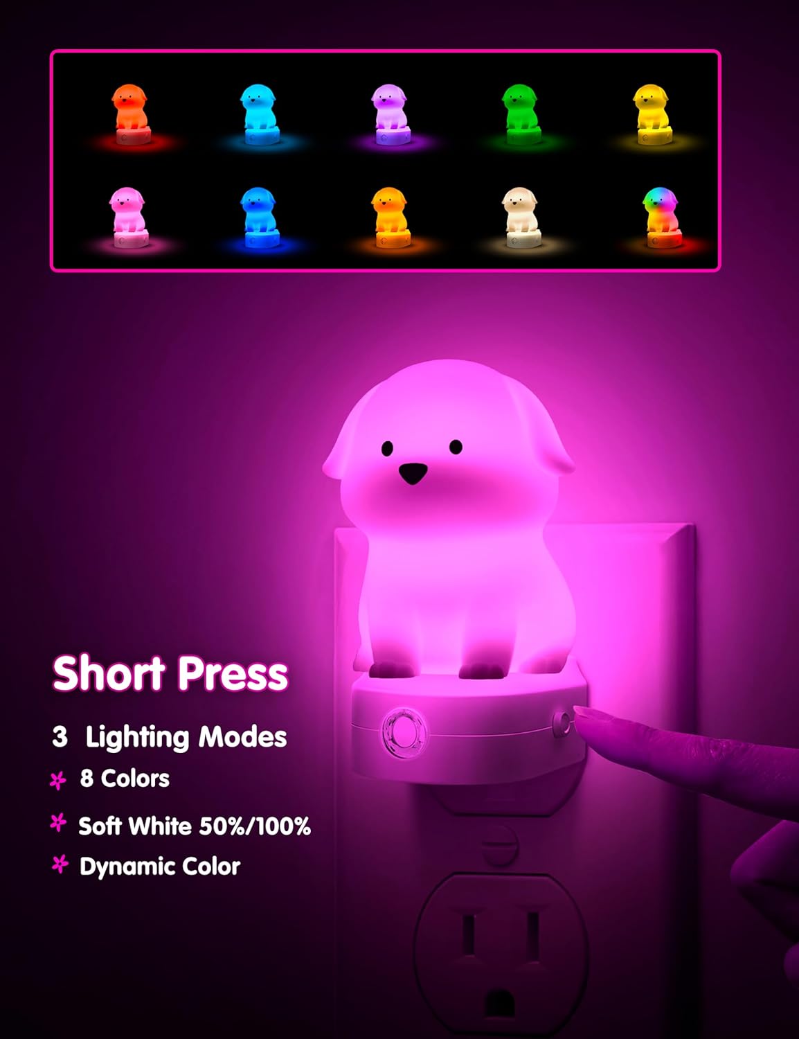 3D Cute Puppy Plug in Night Light with Dusk to Dawn Sensor - RGB+Soft White 3000K Dog Night Light - Christmas Birthday Gift Nightlight for Kids