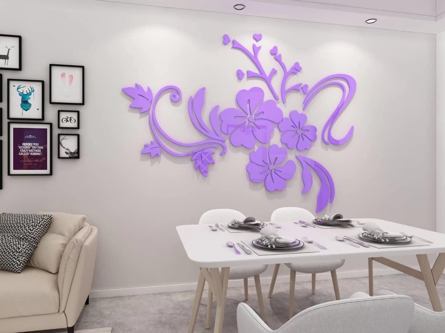 3D Flower Mirror Wall Stickers - Family Decals for Living Room Decor - Home Decorations for Office, Bedroom, and Sofa - Light Purple Mirror Decals - 48x64 inch