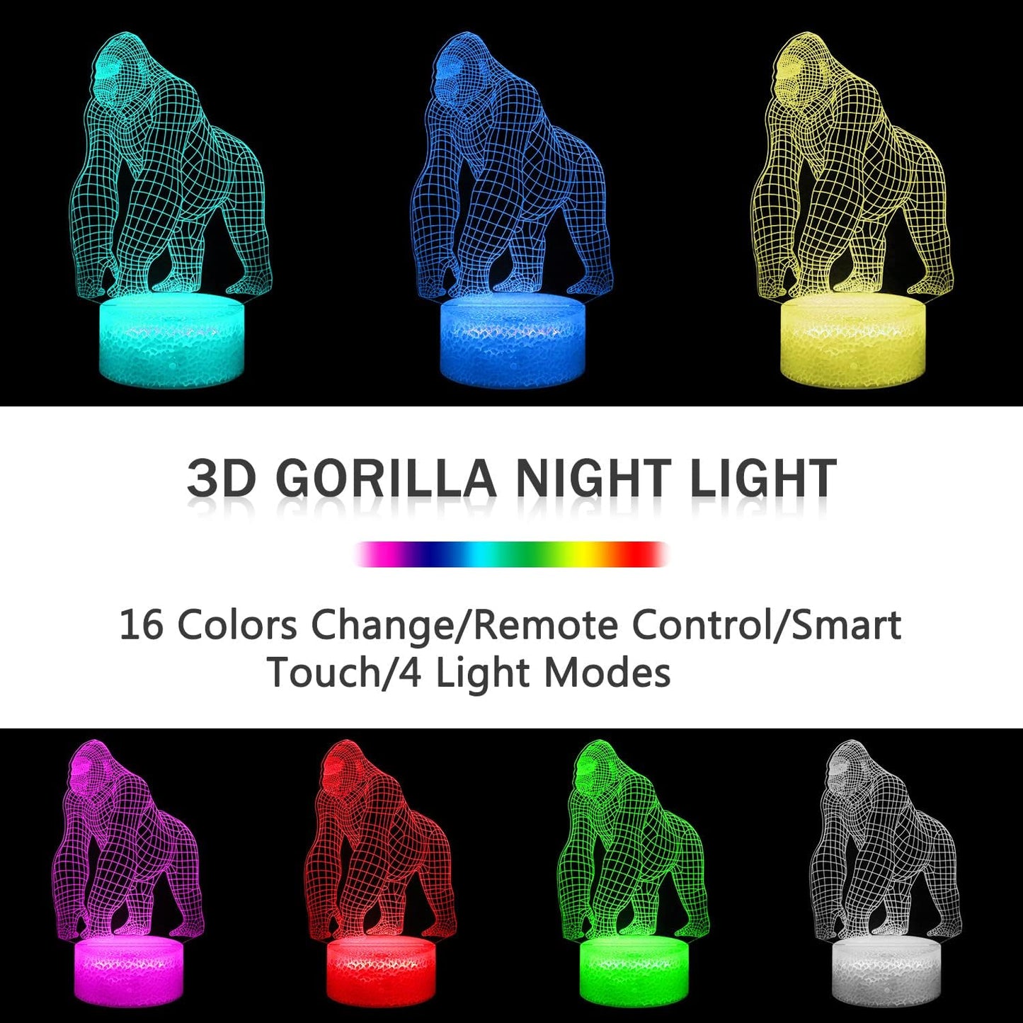 3D Gorilla Lamp for Kids - 16 Colors Changing Night Light Toy with Remote Control - Perfect Birthday & Christmas Gift for Boys, Girls, and Teens Age 2-9