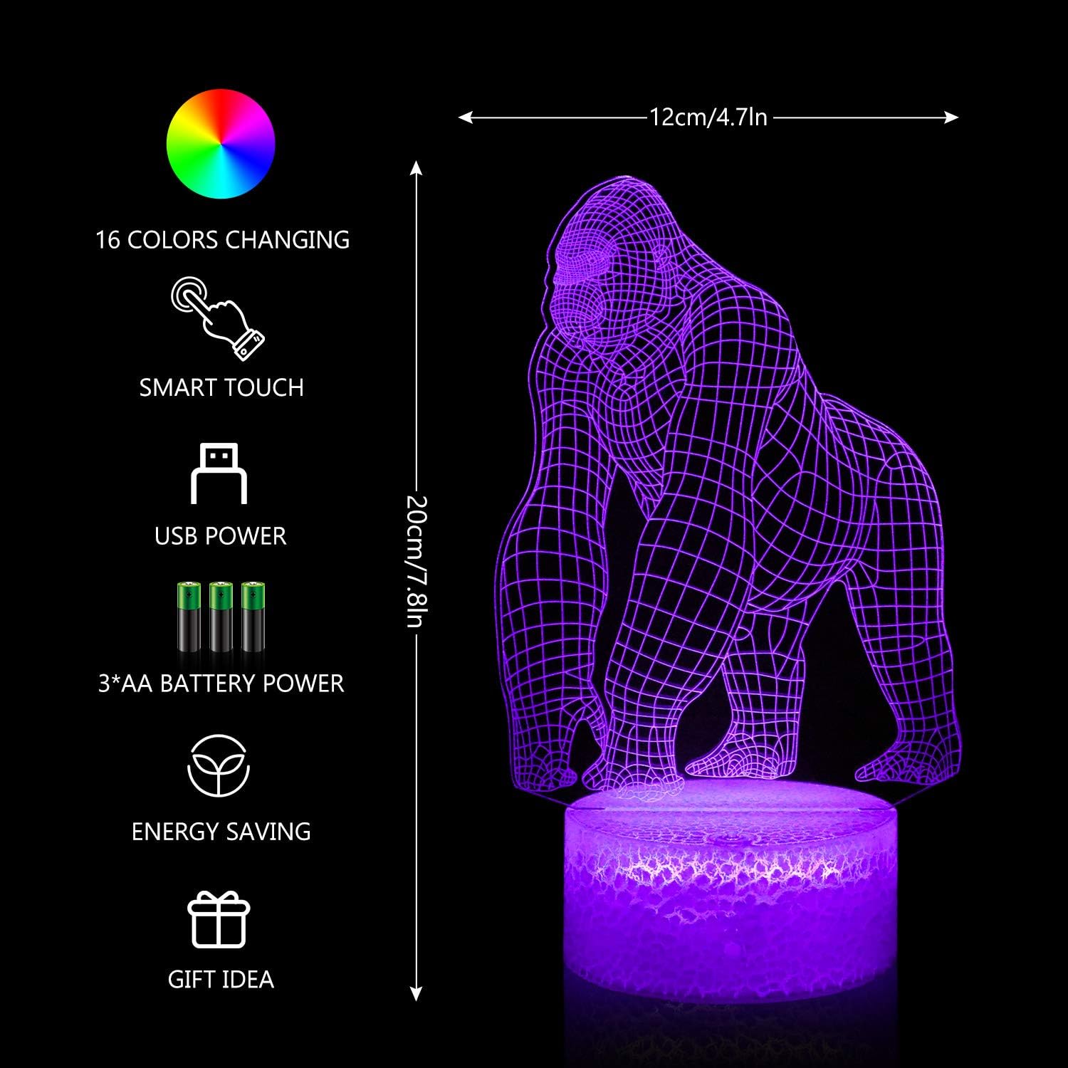 3D Gorilla Lamp for Kids - 16 Colors Changing Night Light Toy with Remote Control - Perfect Birthday & Christmas Gift for Boys, Girls, and Teens Age 2-9