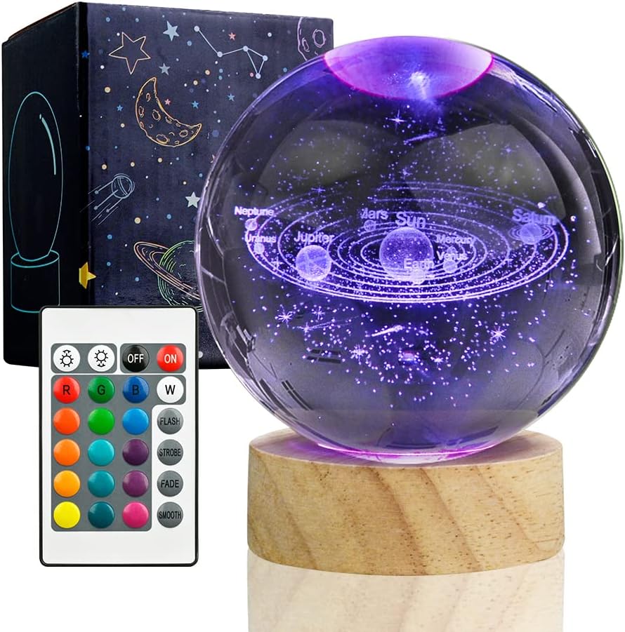 3D Solar System Crystal Ball Night Light with 16 Color LED Wooden Base - 3.15 Inch Galaxy Planets Glass Ball Lamps with Remote - Astronomy Space Gifts for Boys and Girls