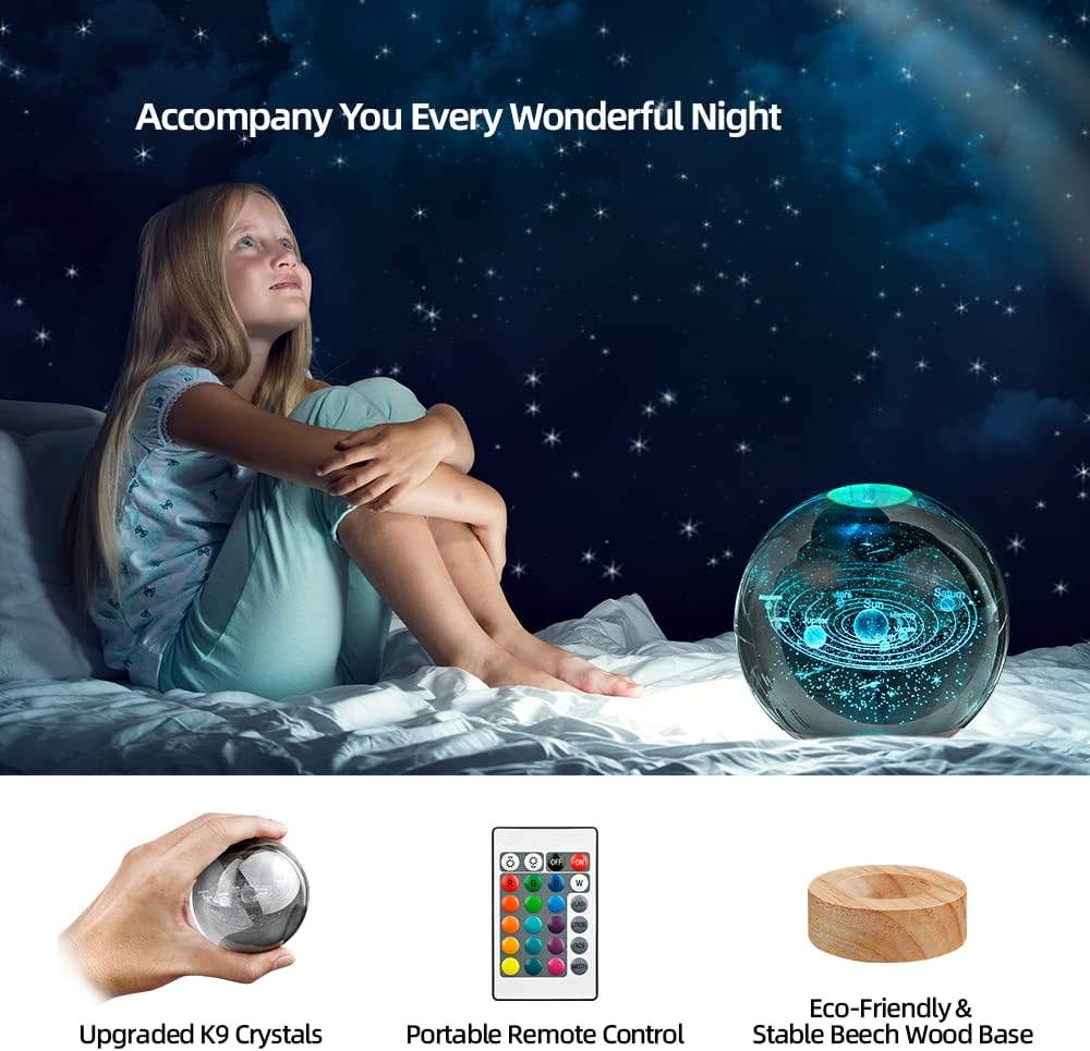 3D Solar System Crystal Ball Night Light with 16 Color LED Wooden Base - 3.15 Inch Galaxy Planets Glass Ball Lamps with Remote - Astronomy Space Gifts for Boys and Girls