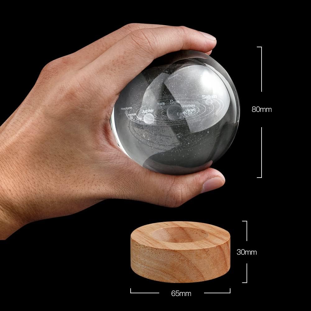 3D Solar System Crystal Ball Night Light with 16 Color LED Wooden Base - 3.15 Inch Galaxy Planets Glass Ball Lamps with Remote - Astronomy Space Gifts for Boys and Girls