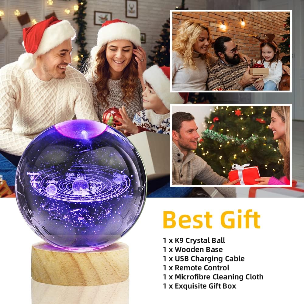 3D Solar System Crystal Ball Night Light with 16 Color LED Wooden Base - 3.15 Inch Galaxy Planets Glass Ball Lamps with Remote - Astronomy Space Gifts for Boys and Girls