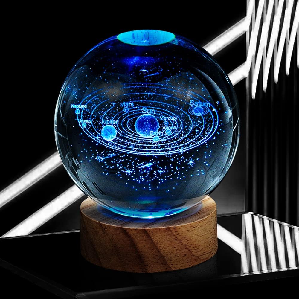 3D Solar System Crystal Ball Night Light with 16 Color LED Wooden Base - 3.15 Inch Galaxy Planets Glass Ball Lamps with Remote - Astronomy Space Gifts for Boys and Girls