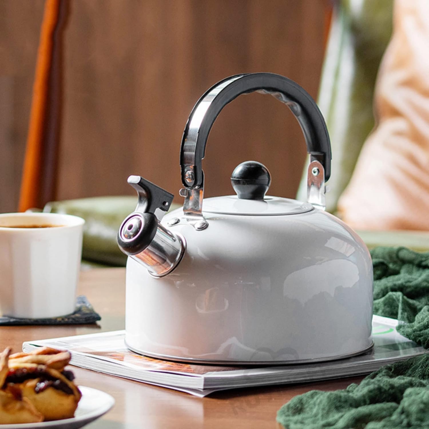 3L Stainless Steel Whistling Kettle for Kitchen, Tea & Coffee Brewing - White Kitchenware for Gas Stove & Home Cooking