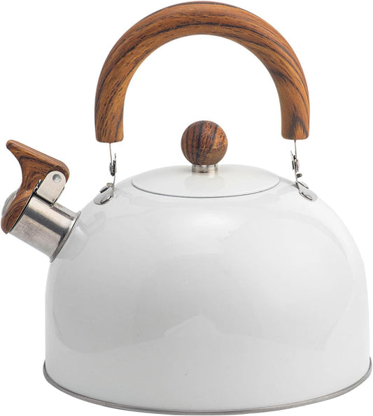 3L White Stainless Steel Whistling Tea Kettle with Wood Pattern Handle - Large Capacity Stovetop Kettle for Fast Boiling on Gas or Induction Cooker