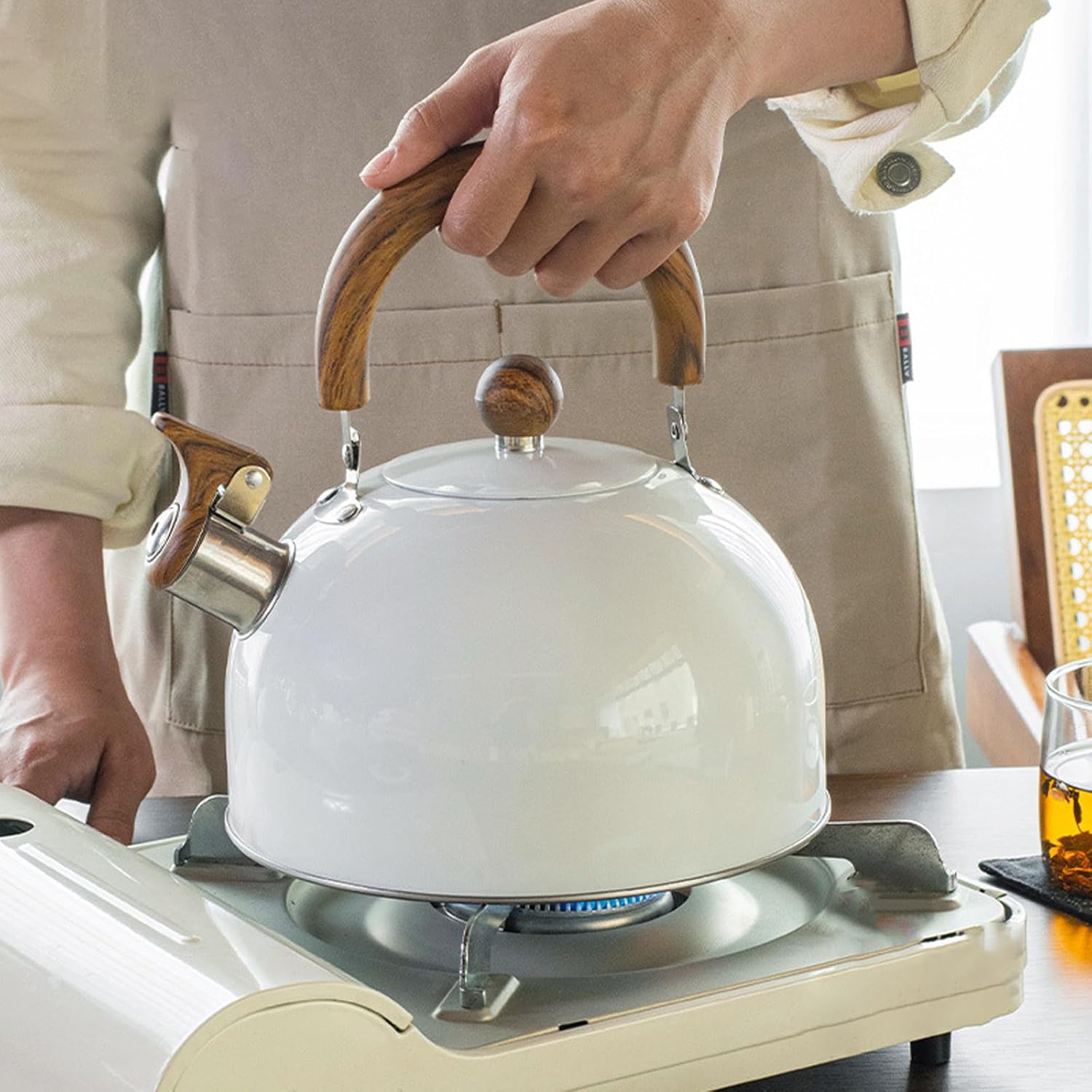 3L White Stainless Steel Whistling Tea Kettle with Wood Pattern Handle - Large Capacity Stovetop Kettle for Fast Boiling on Gas or Induction Cooker