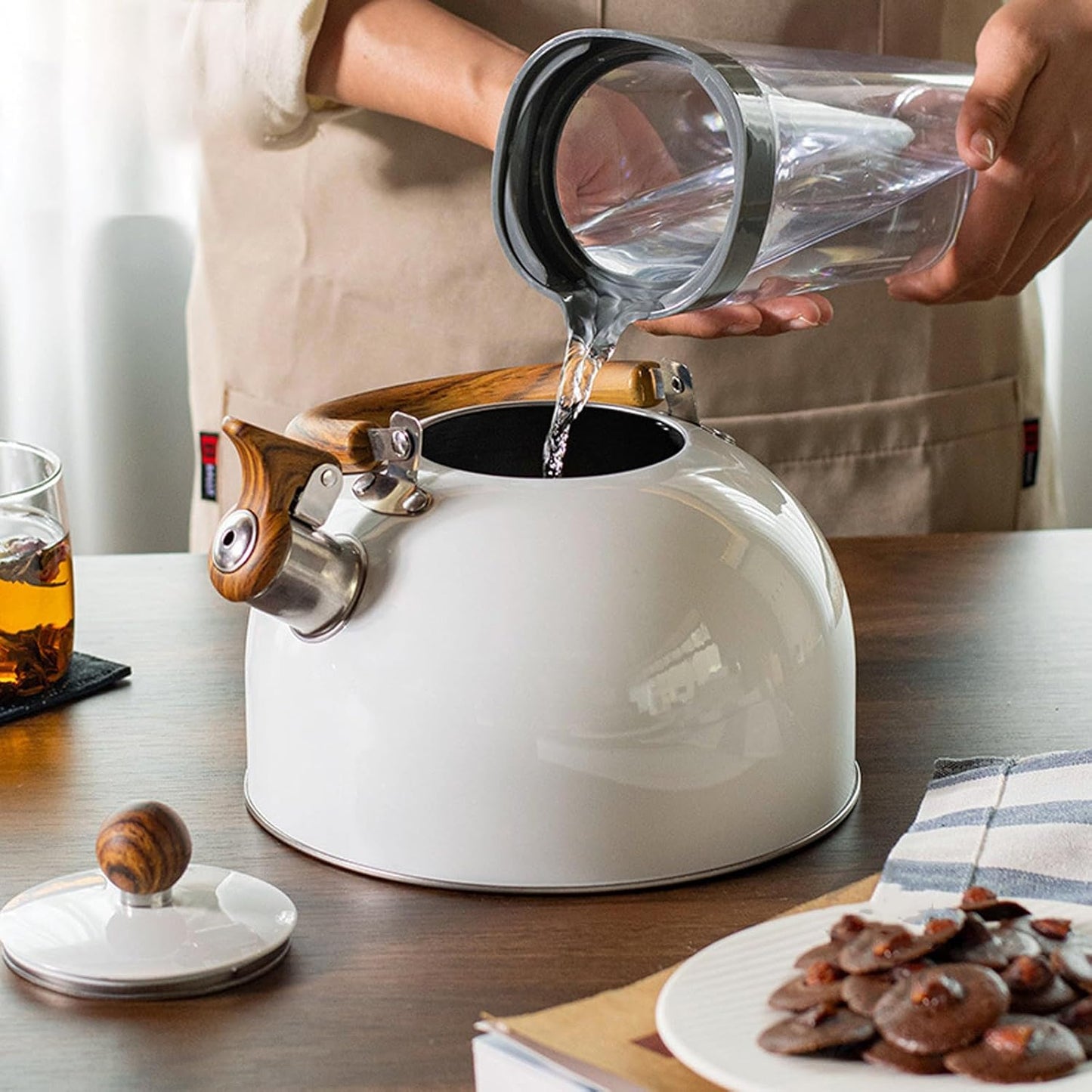 3L White Stainless Steel Whistling Tea Kettle with Wood Pattern Handle - Large Capacity Stovetop Kettle for Fast Boiling on Gas or Induction Cooker