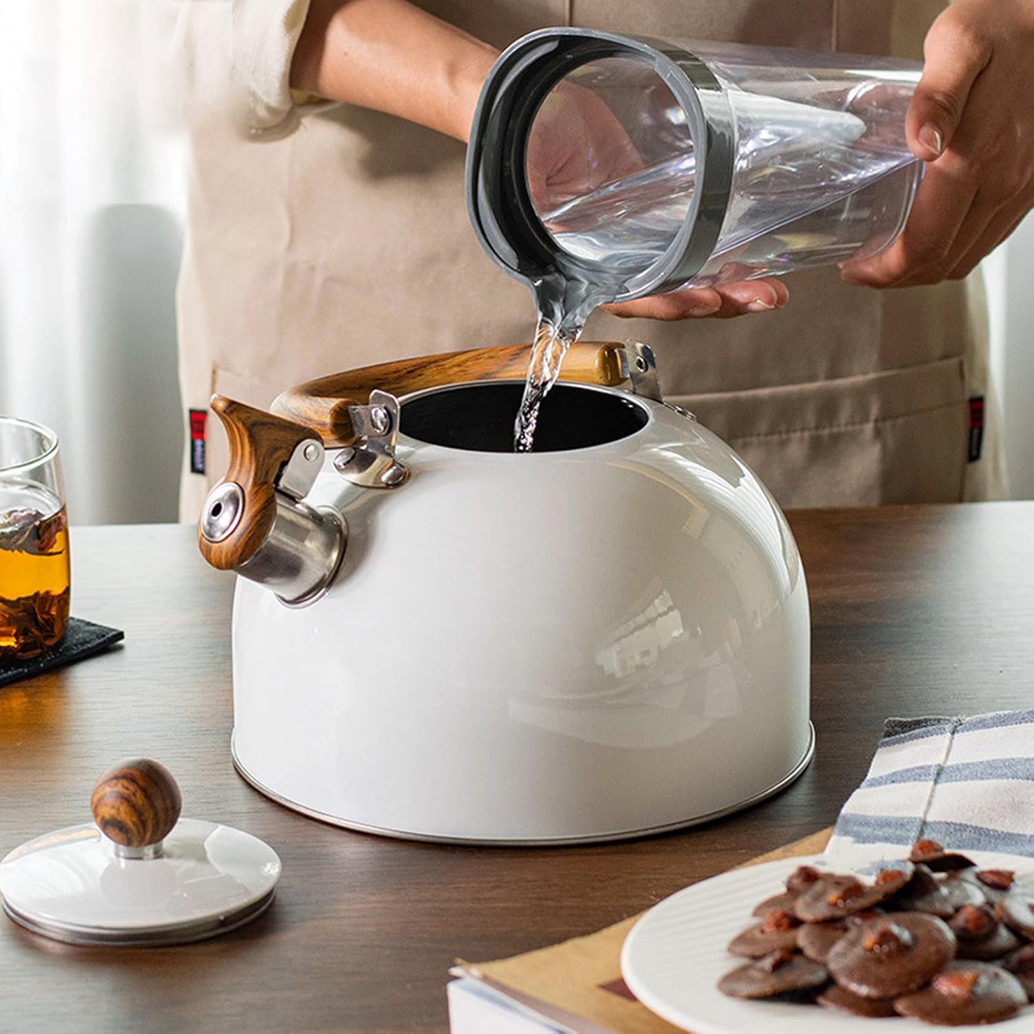 3L White Stainless Steel Whistling Tea Kettle with Wood Pattern Handle - Large Capacity Stovetop Kettle for Fast Boiling on Gas or Induction Cooker