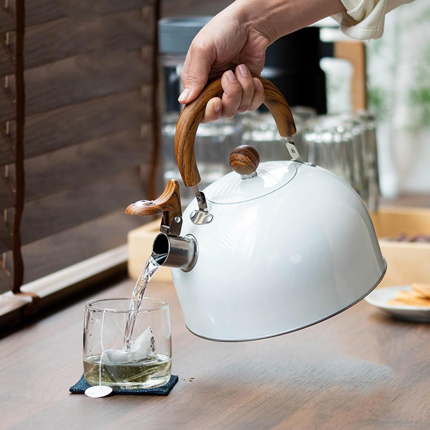 3L White Stainless Steel Whistling Tea Kettle with Wood Pattern Handle - Large Capacity Stovetop Kettle for Fast Boiling on Gas or Induction Cooker