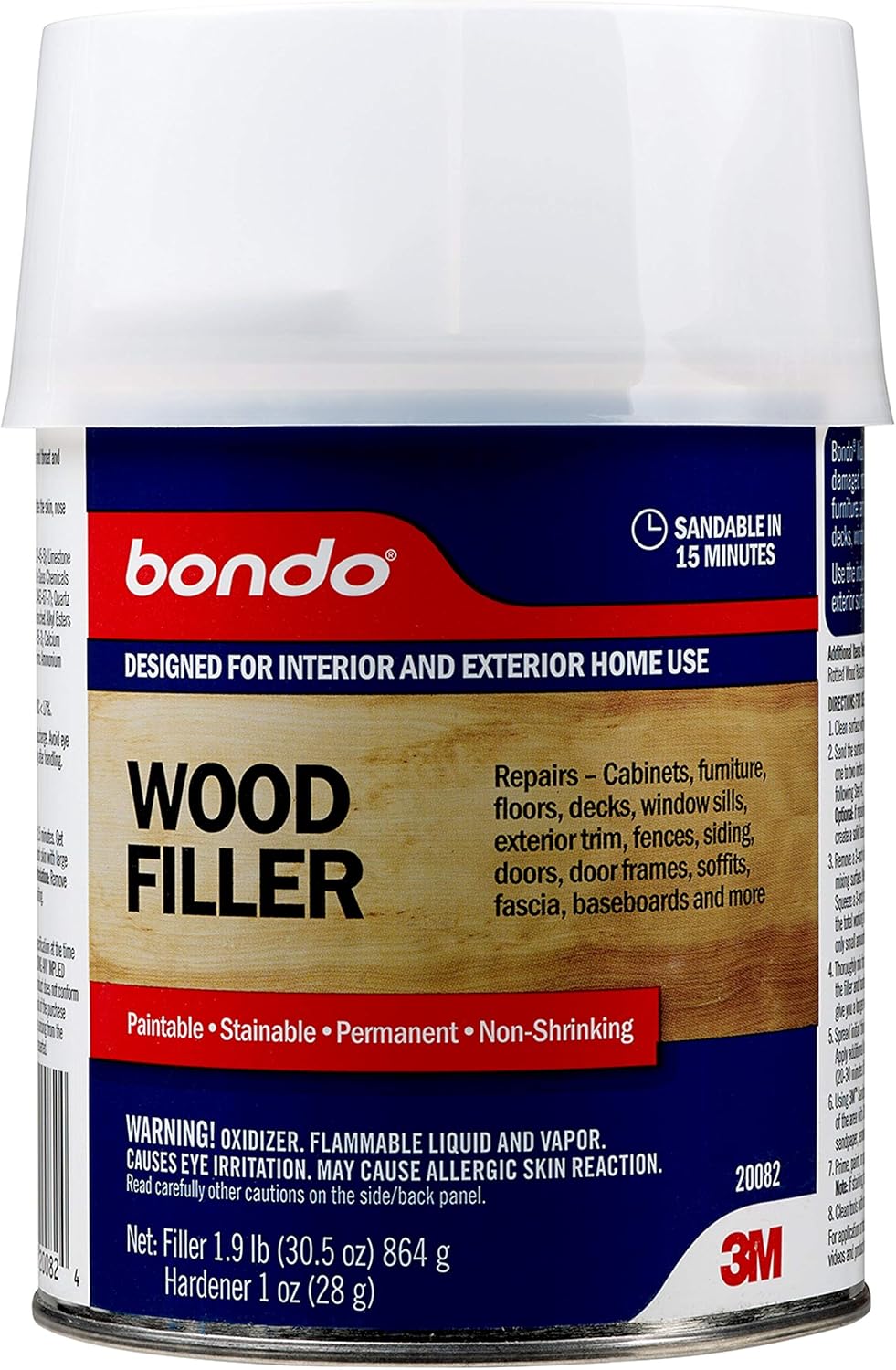 3M Bondo Wood Filler 30 oz with Hardner, Repairs Chips & Cracks in Wood - Sandable, Paintable, Stainable