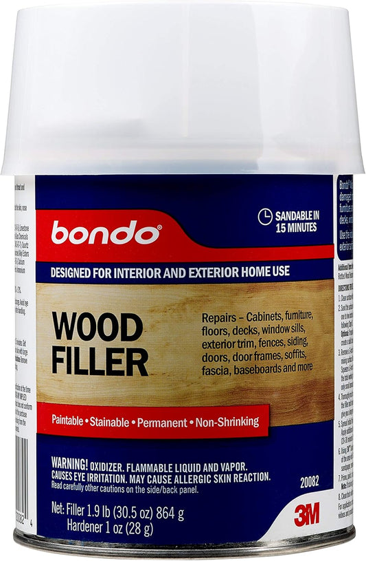 3M Bondo Wood Filler 30 oz with Hardner, Repairs Chips & Cracks in Wood - Sandable, Paintable, Stainable