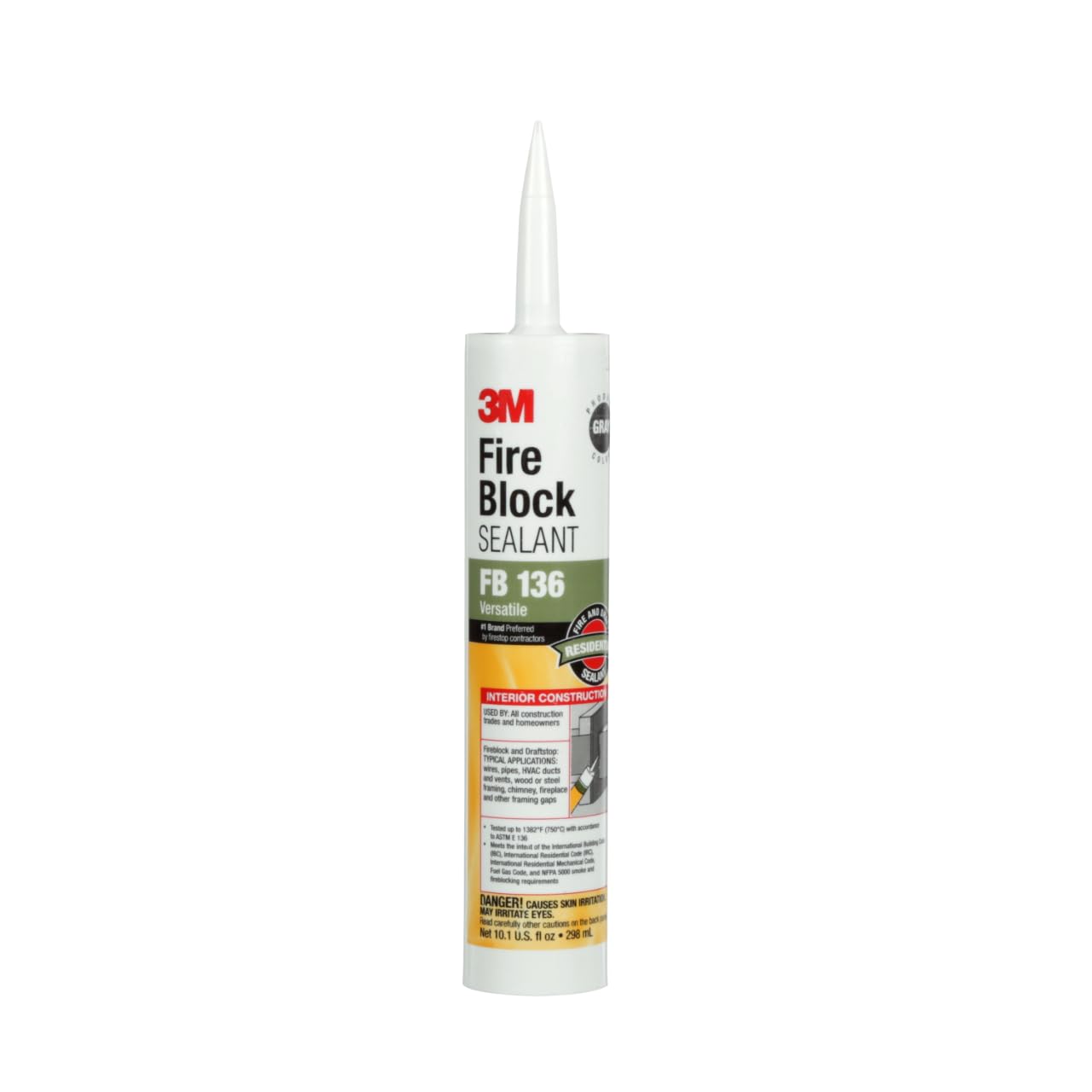 3M FB 136 Fire Block Sealant, Gray Color, High Temp & Smoke Resistant, 10.1 oz Cartridge