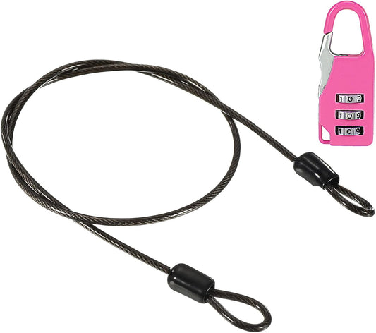 3mm Wire Shackle Padlock with 3-Digit Combination and Coated Lock Rope for Luggage & Doors - Rose Red & Black